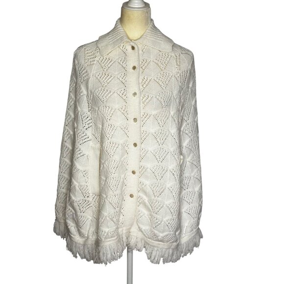 VTG Crochet Cape Shawl Poncho Fringe White 70s Boho Cottagecore Grandma Wintuk - Picture 1 of 8